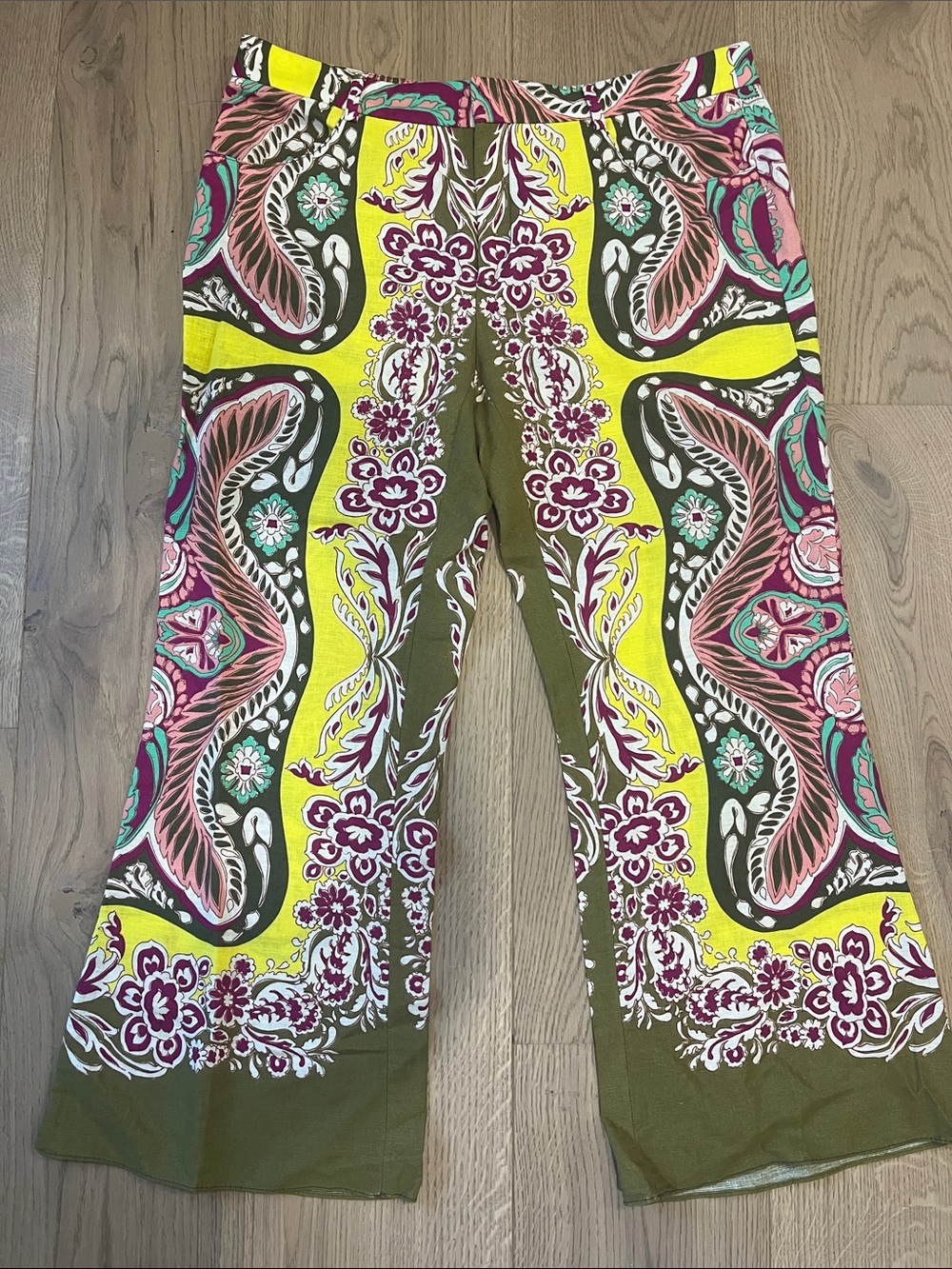 Zara Olive Floral Paisley Wide-Leg Bottoms with Yellow & Pink Accents